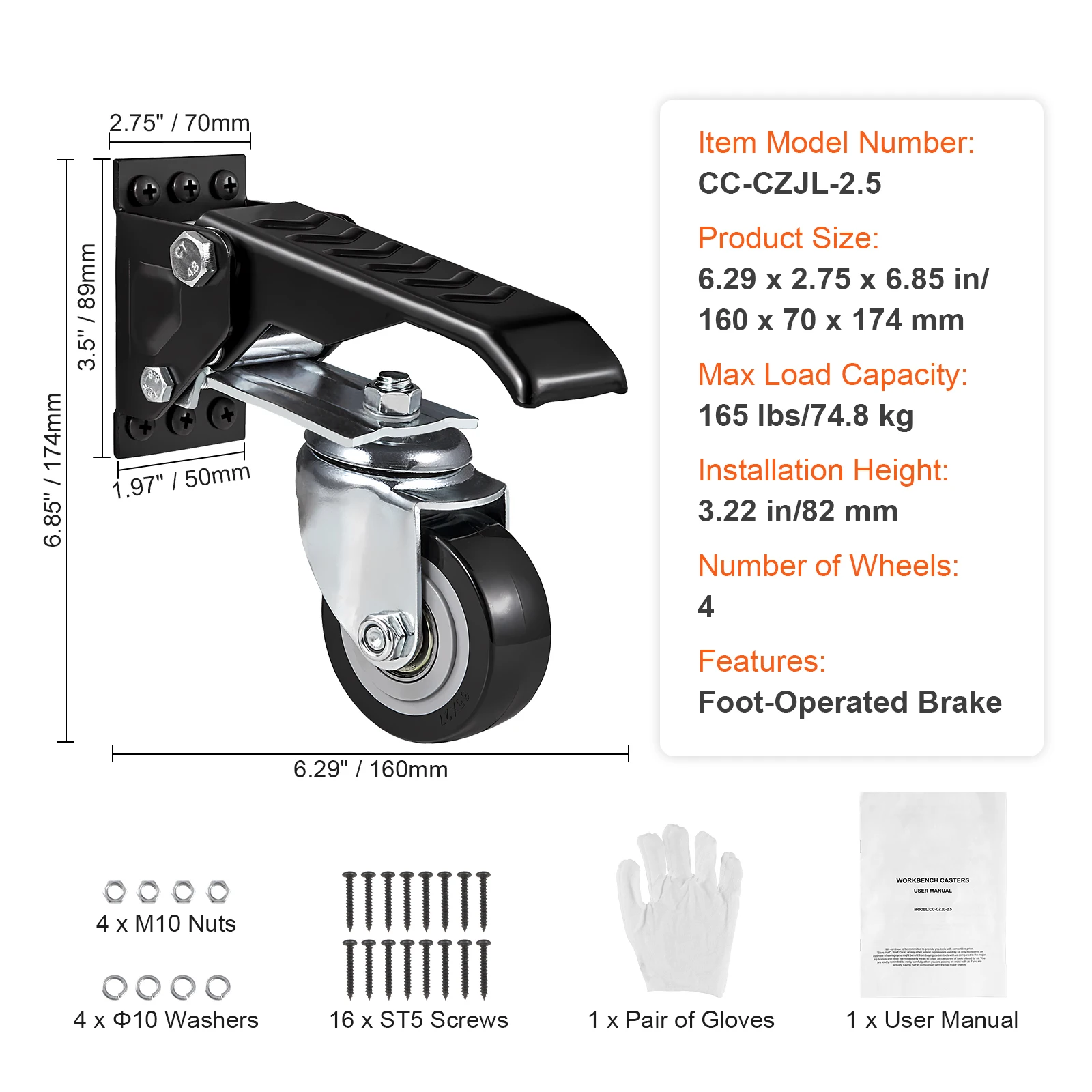 SucceBuy 2,5 inch set van 4 werkbankzwenkwielen, aan de zijkant gemonteerd intrekbaar stepdownwiel 360 °   Draaibaar voor tafels en apparatuur