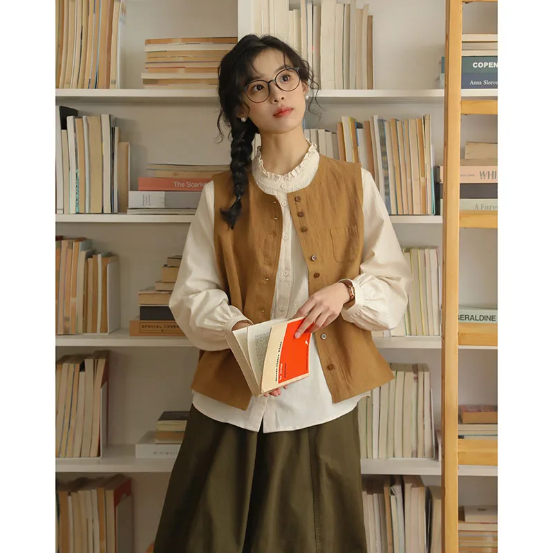 

Slimming plus Size Women's Vest Top round Neck Artistic Retro Jacket Outerwear Spring Autumn New Style Commute Style Blouse