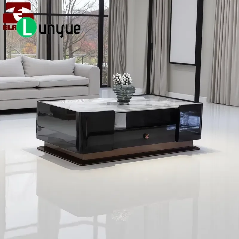 Dark Blue Wood Grain Coffee Table with Luxury Gold Metal Base 4 Drawers Modern Living Room Furniture Home Decor Storage