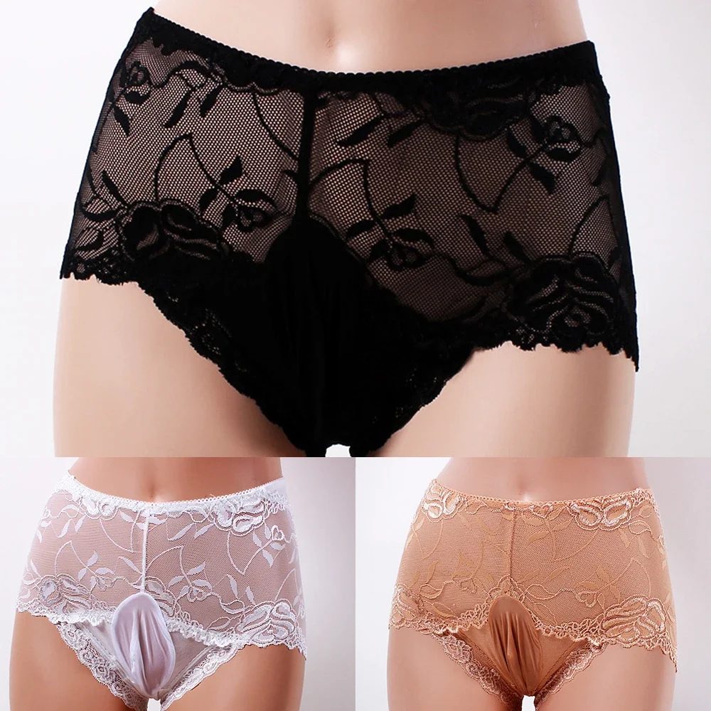 Men Lace Sexy Underwear Sissy Penis Pouch Panties Gay Lingerie JJ Sheath Briefs Seamless Knickers Breathable Underpants