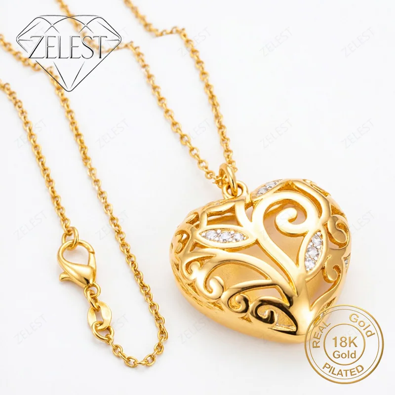 925 Sterling Silver 18K Gold Plated Exquisite Openwork Heart Pendant Necklace for Women's Wedding Gifts