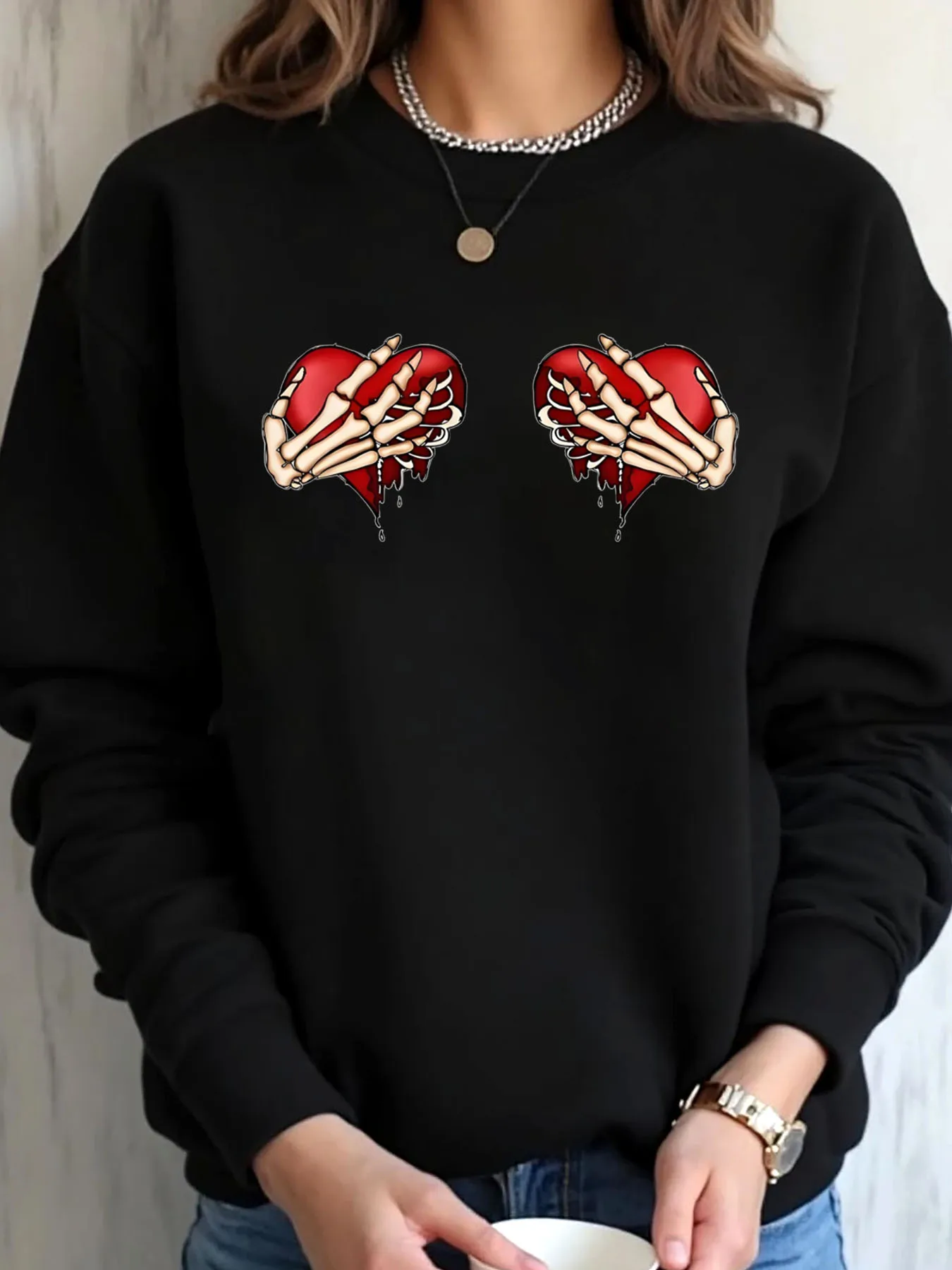 Women Oversized Sweatshirt Halloween Skeleton Heart Print Outdoor Wear