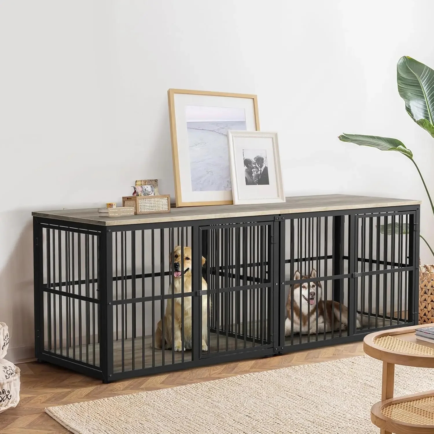 86.62''Dog Crate Furniture Large Breed TV Stand with Double Rooms,Wooden Dog Kennel Dog Crate End Table