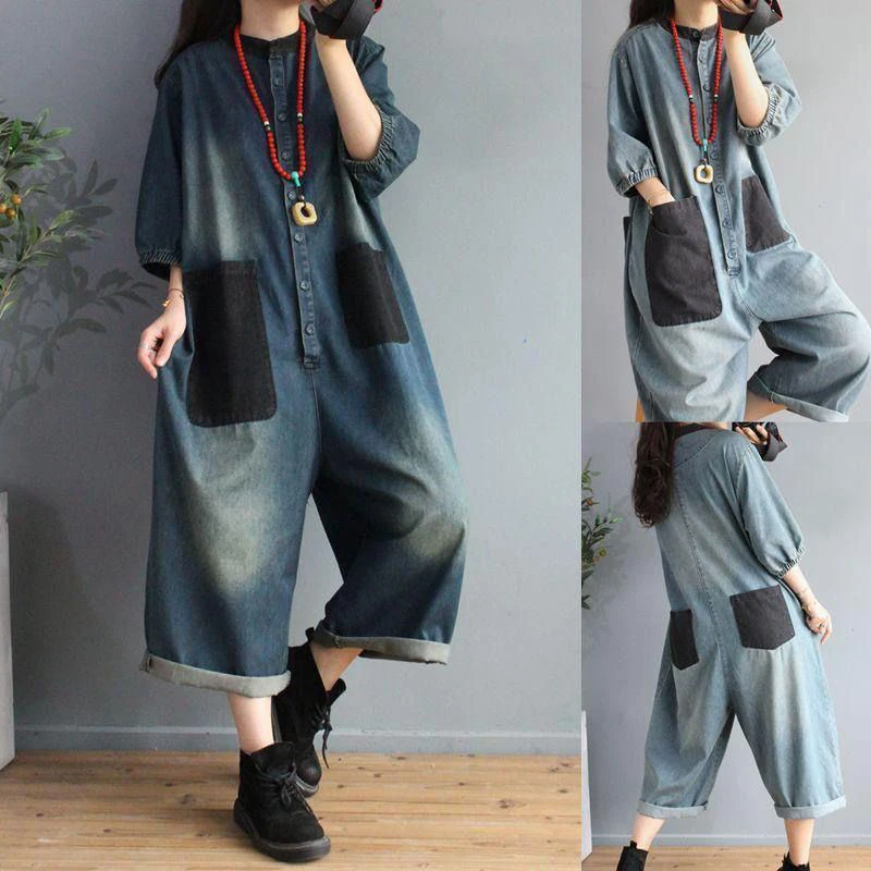 

Женские джинсовые комбинезоны большого размера с большими количествоми, широкие брюки с высокой талией, утягивающие брюки, длина девять очков