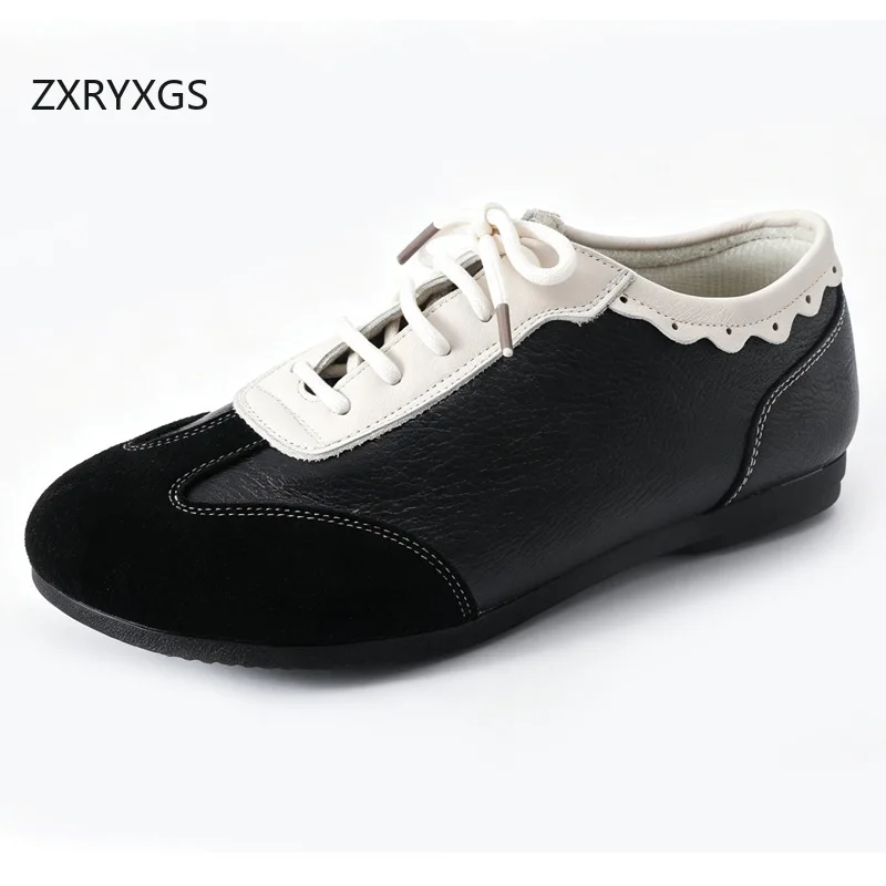 ZXRYXGS 2026 Autumn Lace-up Spell Colors Top Layer Cowhide Sneakers Flat Shoes Big Size Fashion Casual Shoes Women Sneaker Tide