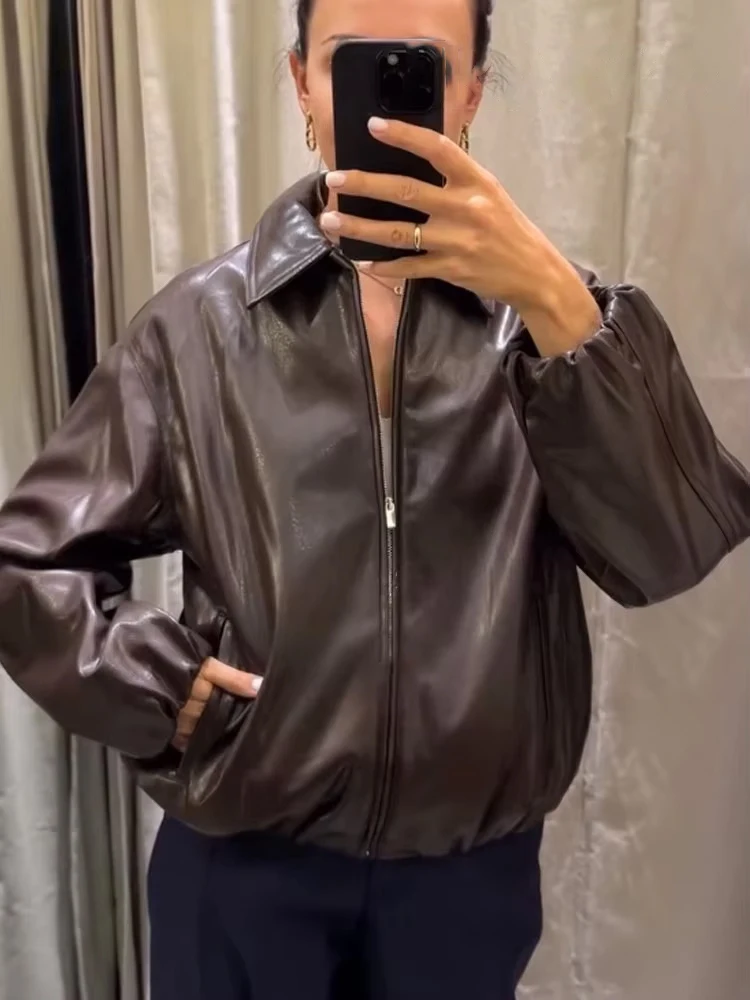 HH Women's Autumn Vintage New Faux Leather Pilot Lapel Collar Jacket Female Fashion Versatile Zipper Pocket Warm Casual Coat