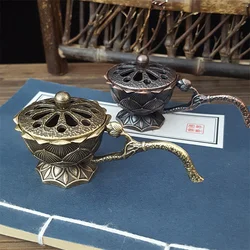Lotus Flower Incense Burner With Handle Retro Copper Lotus Hollow Out Incense Stick Burner Brass Small Craft Home Decoration