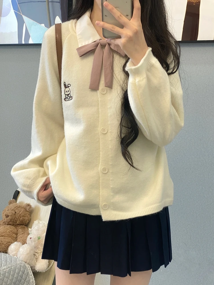 

Jk Sle ort вязаный кардиган женский свободный крой теплый свитер с вышивкой кролика и открытой передней частью тюне осенняя мода