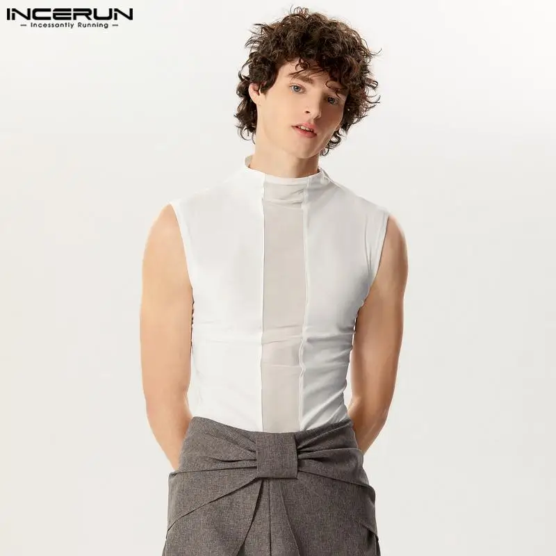 Men Tank Tops Mesh Patchwork Transparent Turtleneck Sleeveless Summer Casual Vests Streetwear 2024 Fashion Men Clothing INCERUN