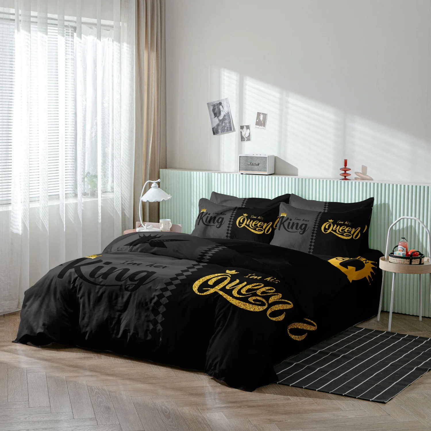 3 Pieces Romantic King Queen Crown Print Duvet Cover Set, Gray Black Split Diamond Pattern King Queen Golden Text Bedding