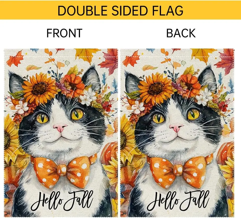 مرحبا الخريف حديقة العلم القط حديقة أعلام 12x18 بوصة مزدوجة الوجهين الخيش الصغيرة الخريف منقطة Bowknot ديكور خارج ساحة La HZZ