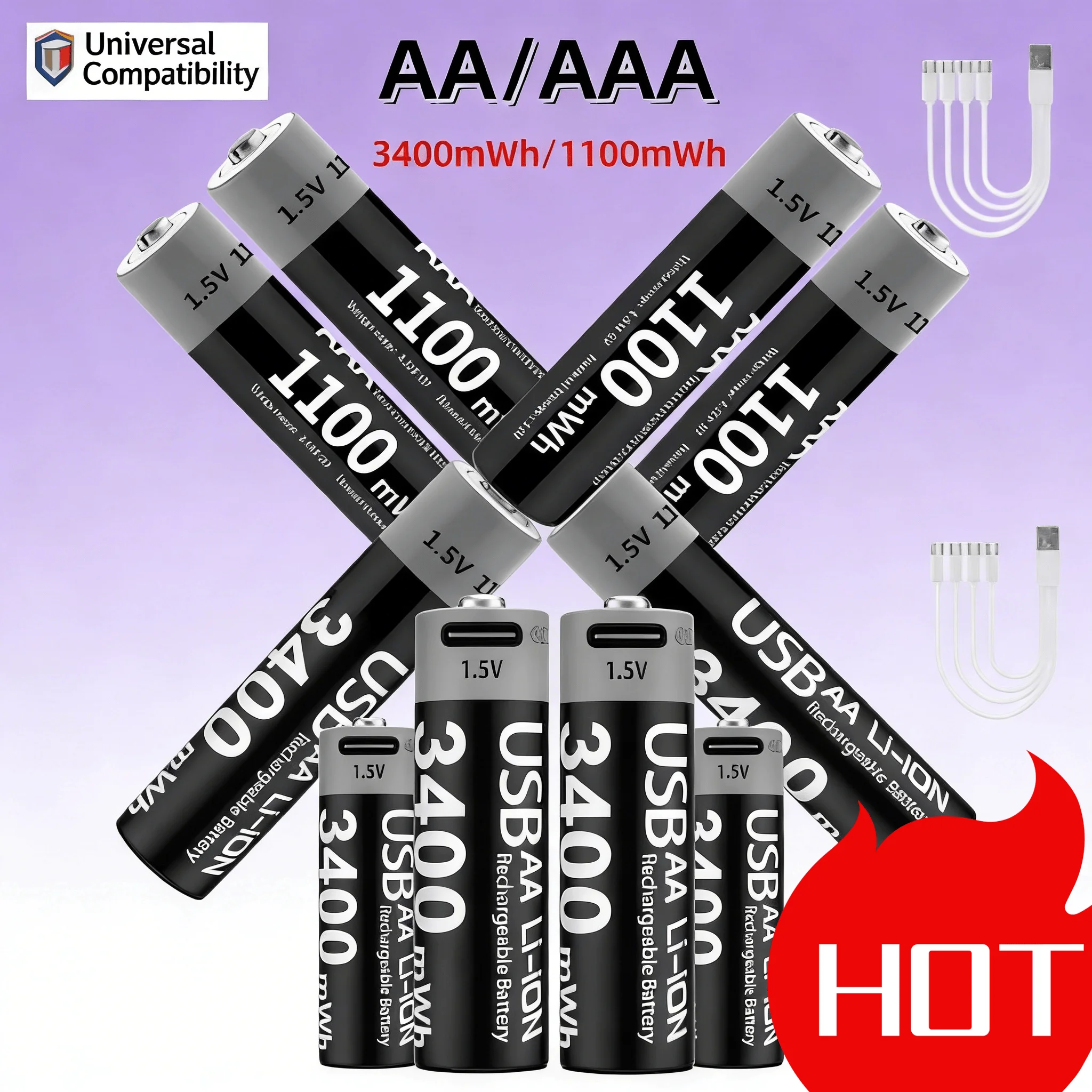 USB-C Rechargeable AA AAA Li-ion Battery Set, 3400mWh & 1100mWh Constant 1.5V with Cable, for Smart Lock, Mouse, Keyboard, Toy