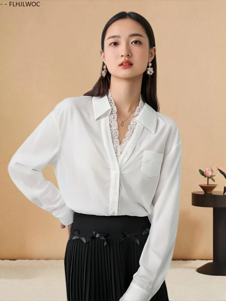 

French Design Female Tops Blouses Chic New Fashion FLHJLWOC Woman 2025 Autumn Long Sleeve Casual Loose Button White Lace Shirts