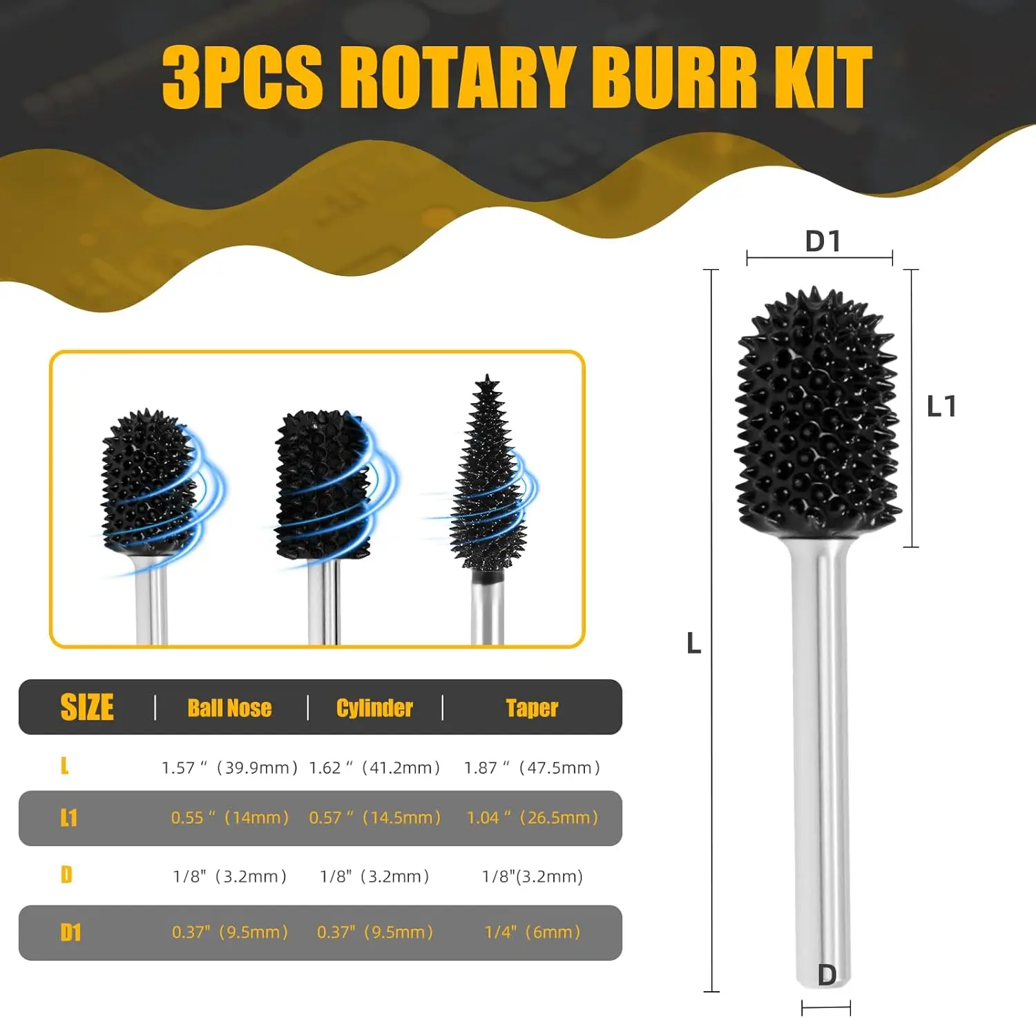 3 Pcs Rotary Burr Kit 1/8 Shaft For Dremel Tools Ball Nose Taper Cylinder Carving Burrs Carving Engraving in Wood Rubber Plastic