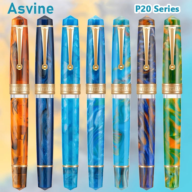 Asvine P20 Piston Filling Fountain Pen Acrylic Luxury Patterns EF/F/M Nib with Golden Clip Stationery Office School Supplies