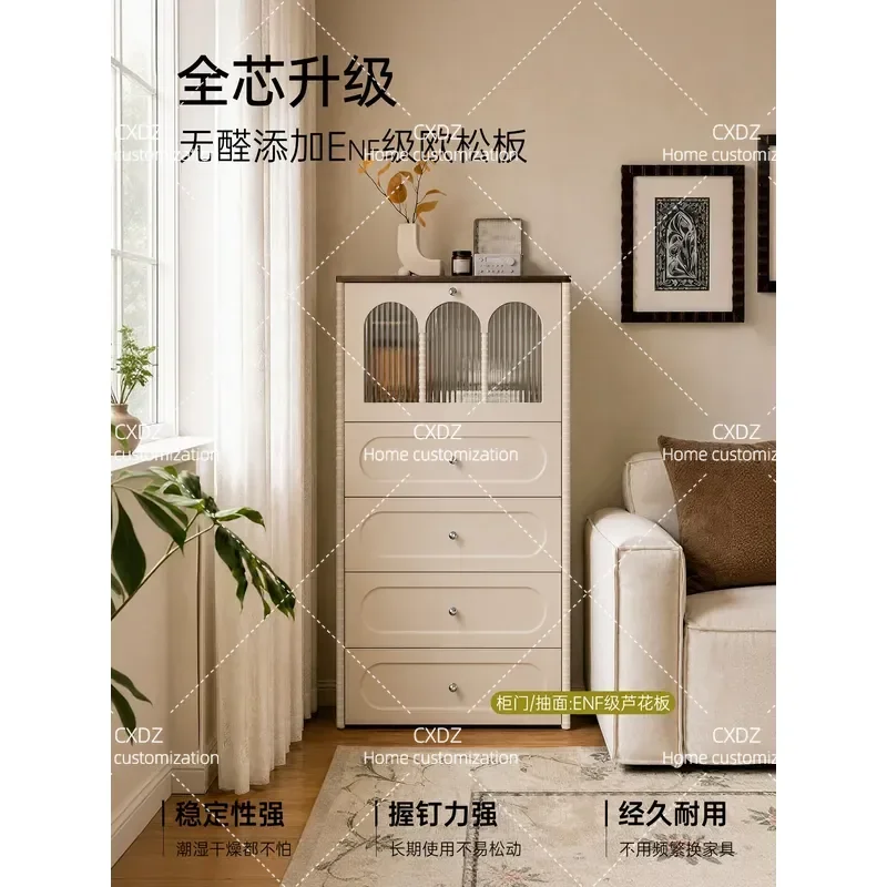 retro living room, bucket cabinet, cream style sofa, side cabinet, locker, small apartment, household against the