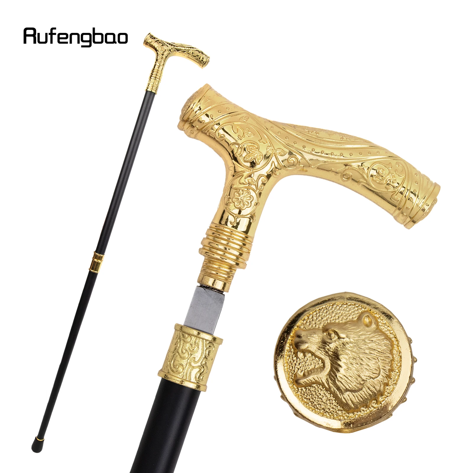 Golden Roaring Bear Head Flower Walking Stick with Hidden Plate Self Defense Fashion Cane Plate Cosplay Crosier Stick 93cm