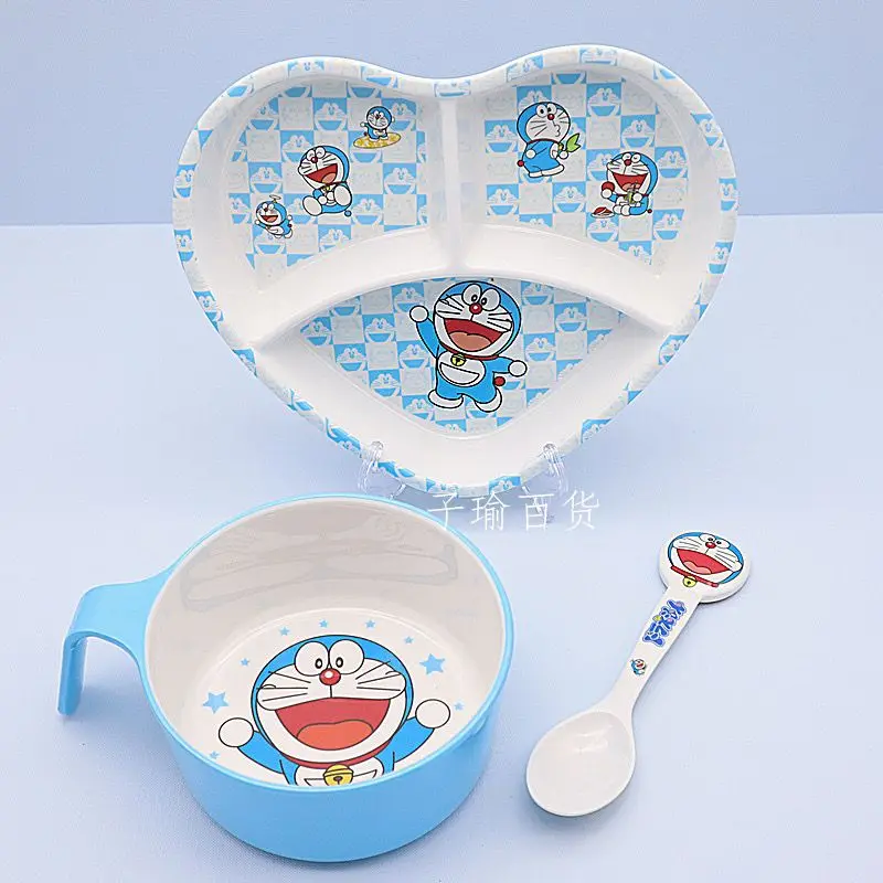 New Children\'s Doraemon cartoon kawaii bowl tableware set cute with handle household food grade eating bowl spoon gift wholesale