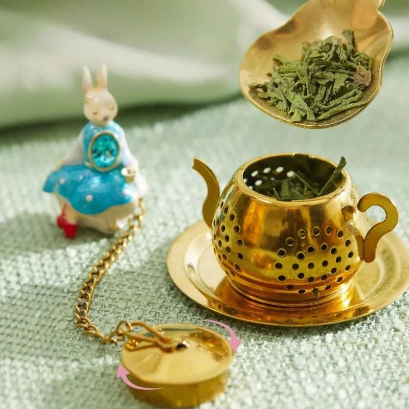 Dreamy Rabbit Moon Tea Steeper Set Wizard Bunny Pendant Gold Teapot Shape Stainless Steel Tea Strainer Afternoon Tea Decor Gift