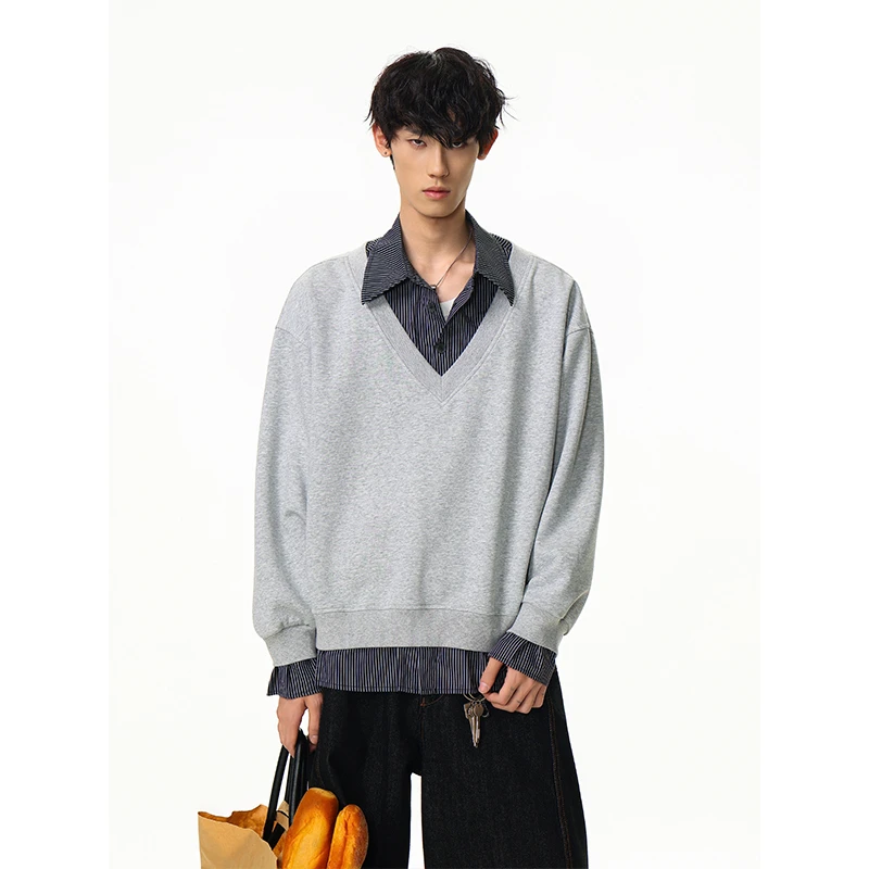 Striped POLO Shirt Splice Sweatshirt Men College Style Loose Casual Cityboy Streetwear Fashion Pullover Sweatshirts Tops