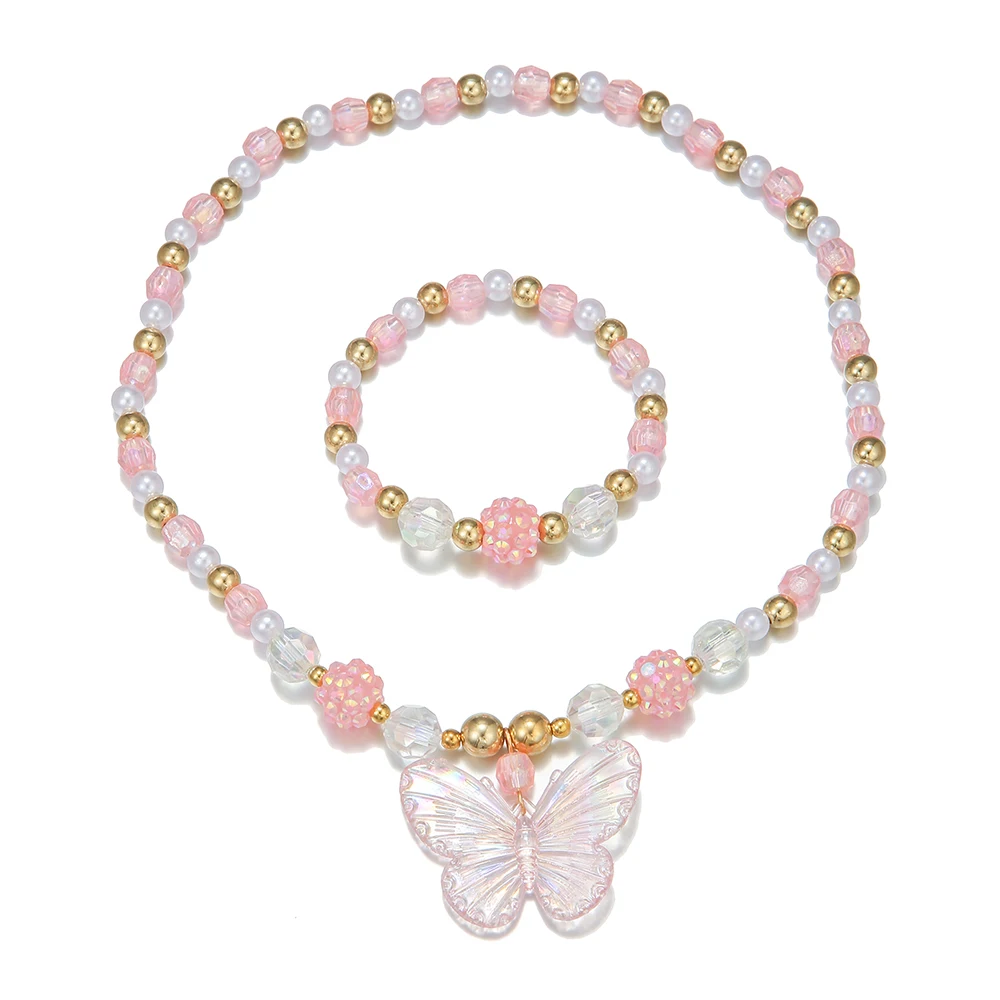 2Pcs/set Pink Butterfly Charm Necklace Bracelet Princess Girl Jewelry Set for Daughter Niece Best Party Birthday Gifts