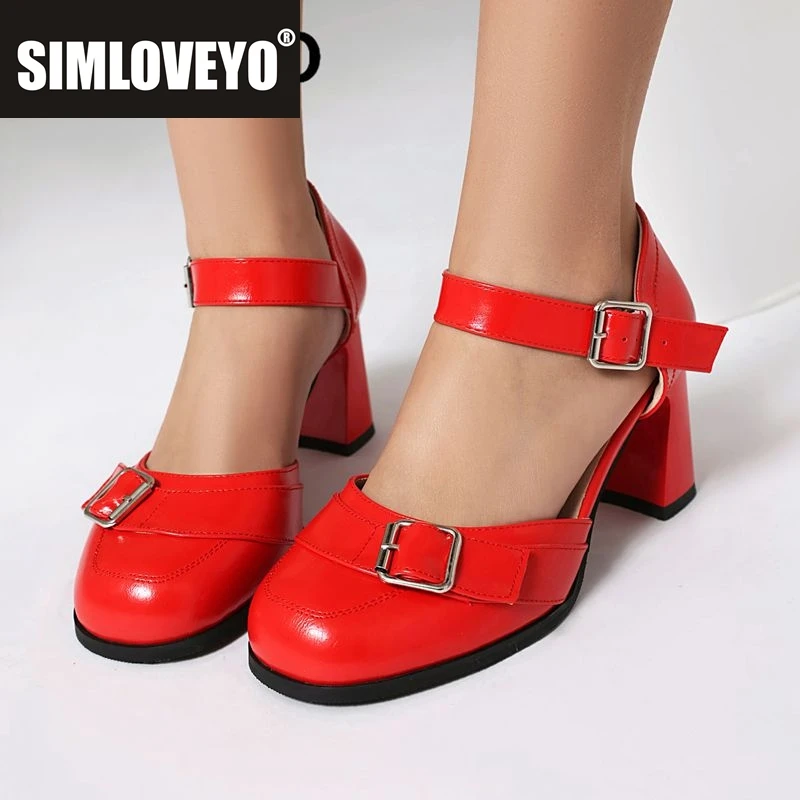 

SIMLOVEYO Фирменные новые милые женские сандалии с круглым носком на блочном каблуке 7 см, с пряжкой и ремешком, металлическое украшение, большой размер 41 42 43 Туфли для свиданий