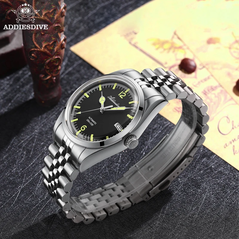 ADDIESDIVE Luxury Watch For Man Black Dial Stainless Steel Automatic Mechanical Watches Luminous 10Bar Waterproof Wristwatch