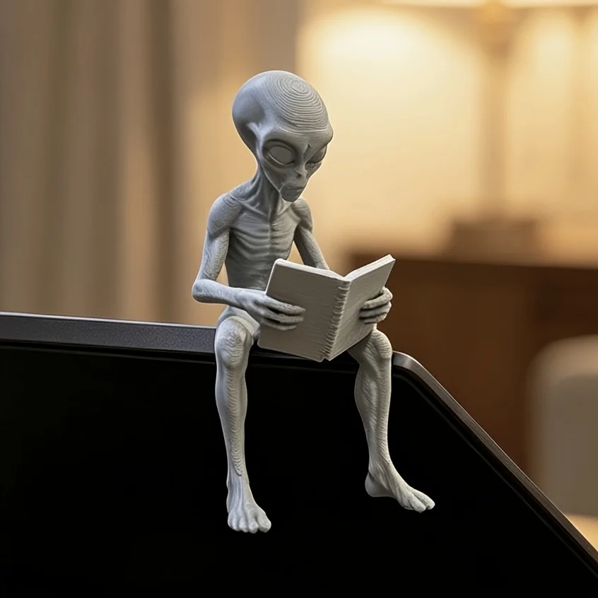 Reading Alien Mini Figurines 3D Printed Extraterrestrial Bookworm Statue Novelty Monitor Top Desk Decor Gaming Setup Geek Office