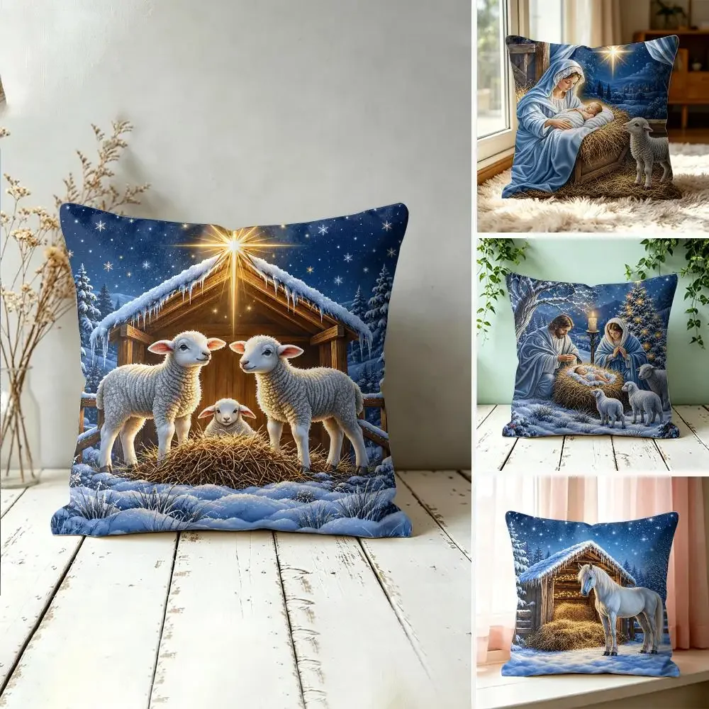 Nativity Winter Scene Cushion Cover Silky Short Plush Invisible Zipper Dustproof Sofa Pillow Case For Home Decor