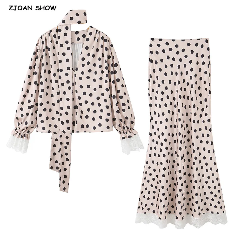 

CHIC Apricot Polka Dot V neck Puff Sleeve Pullover Shirt Scarf + Women Spliced Lace Hem Floor Long Mermaid Skirt 2 Pieces 1 Set