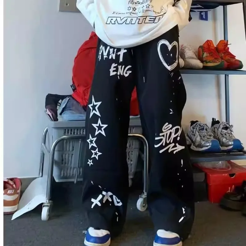 

Summer Large Size 300 Pounds New Korean Version Sweet Cool Graffiti Pants Wide Leg Straight Casual Men's Long Trousers