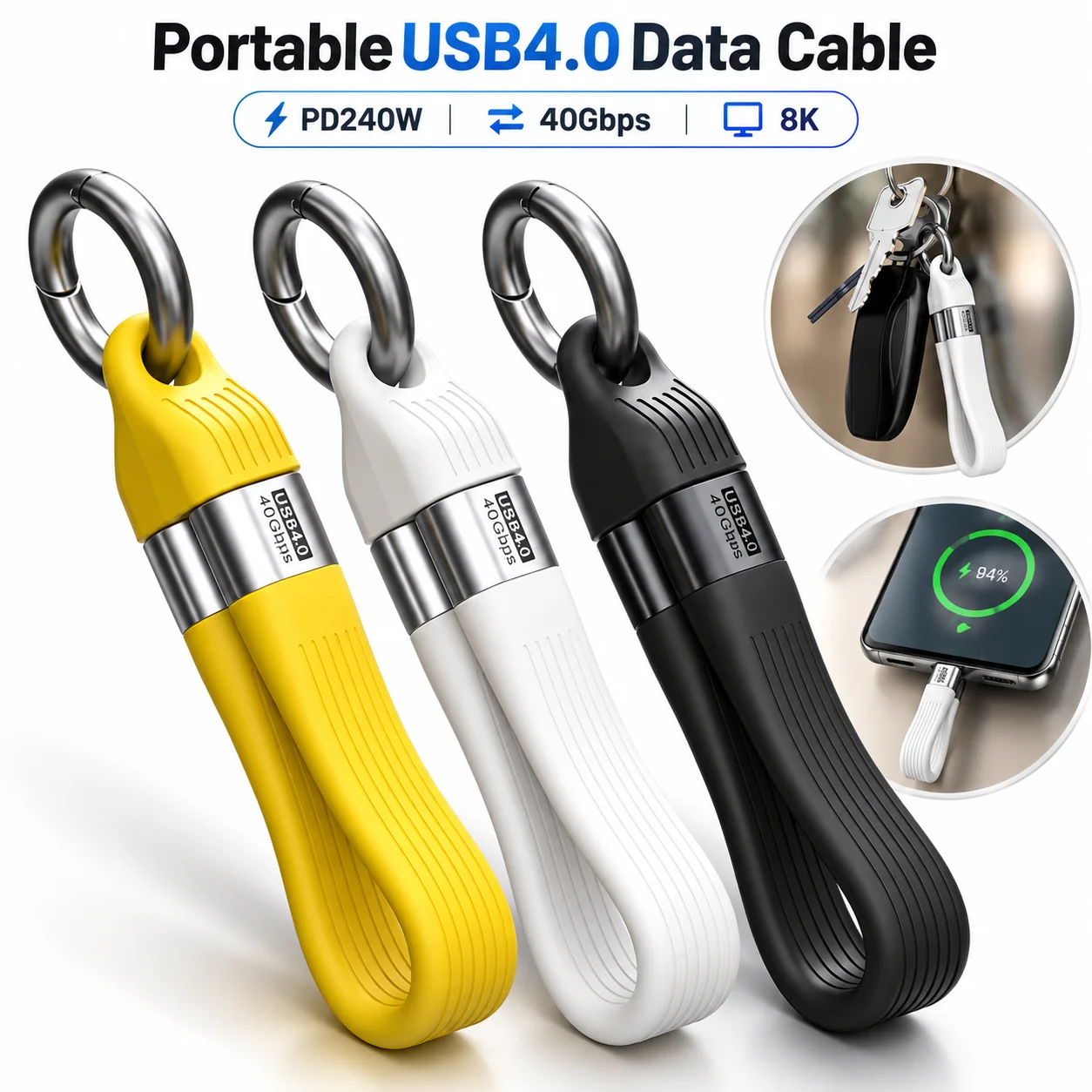 USB4 Type C Fast Charging Cable FPC Flexible Soft Data Video Transfer Cord Keychain Storage Case for Laptop Phone Tablet