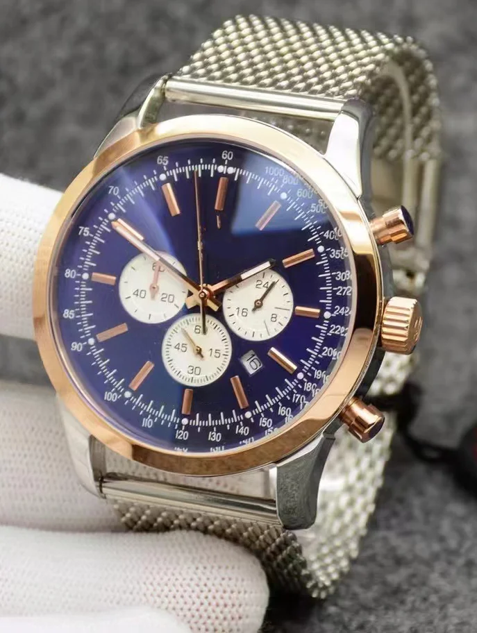 Luxury New Men Quartz Chronograph VK63 Watch 904L Stainless Steel Black Rose Gold Black Leather Sapphire Wristwatch 44mm