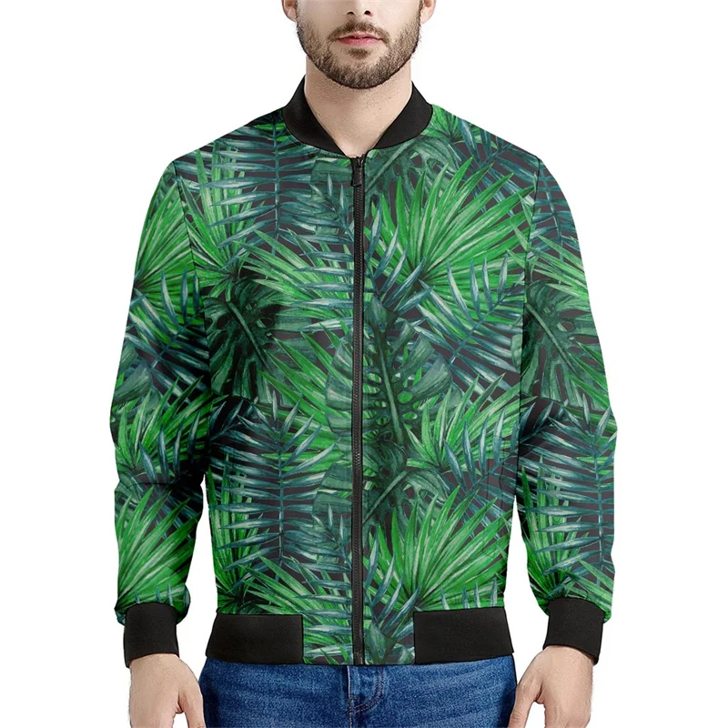 Jaqueta gráfica masculina de folhas tropicais de árvores, plantas impressas em 3D, casaco casual, moletom bombardeiro com zíper, primavera, outono