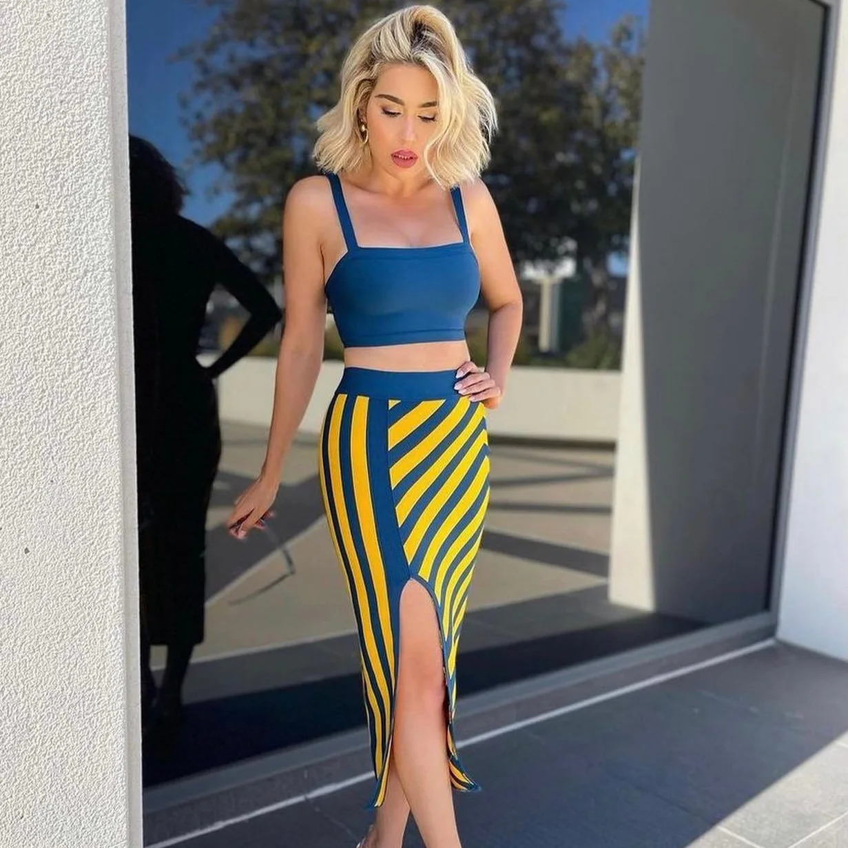 Women's Fashion Sexy Bandage Two-piece Set Blue Crop Camisole Top + Color Block Strips Bodycon Pencil Skirt Commute Lady Sets