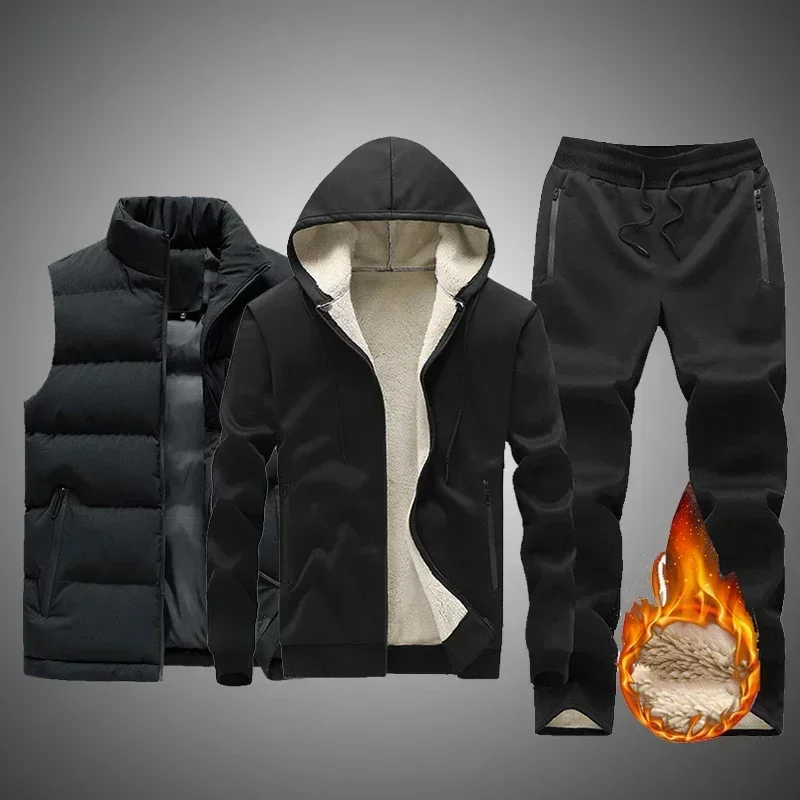 

Winter Tech Fleece Men Set Fashion Brand Tracksuit Lined Thick Male Warm Outerwear Hooded Sweatshirt Pants Sportswear 3Pcs Sets