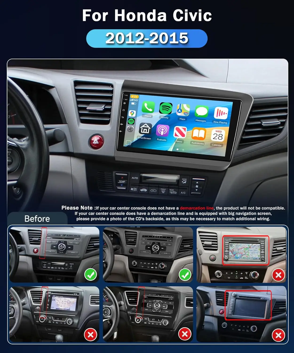 Estéreo de coche para Honda Civic 2012-2015, pantalla táctil de 9', CarPlay inalámbrico y Android Auto, GPS Bluetooth, 2+64GB, WiFi FM DSP