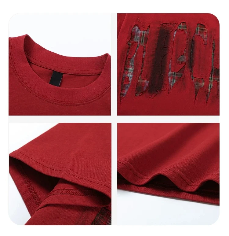 Summer New American Street Style Men’ s Black Red Plaid Print Loose Casual Versatile Round Neck Short Sleeve T-shirt