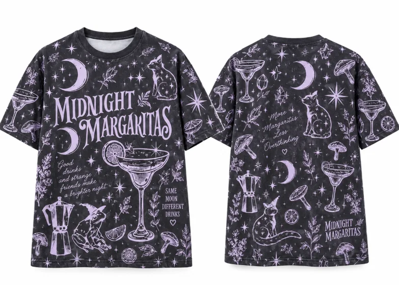 Unisex Witchy Style Short Sleeve T-Shirt,Midnight Margaritas Graphic Print Vintage Halloween Casual Streetwear Top for Men Women
