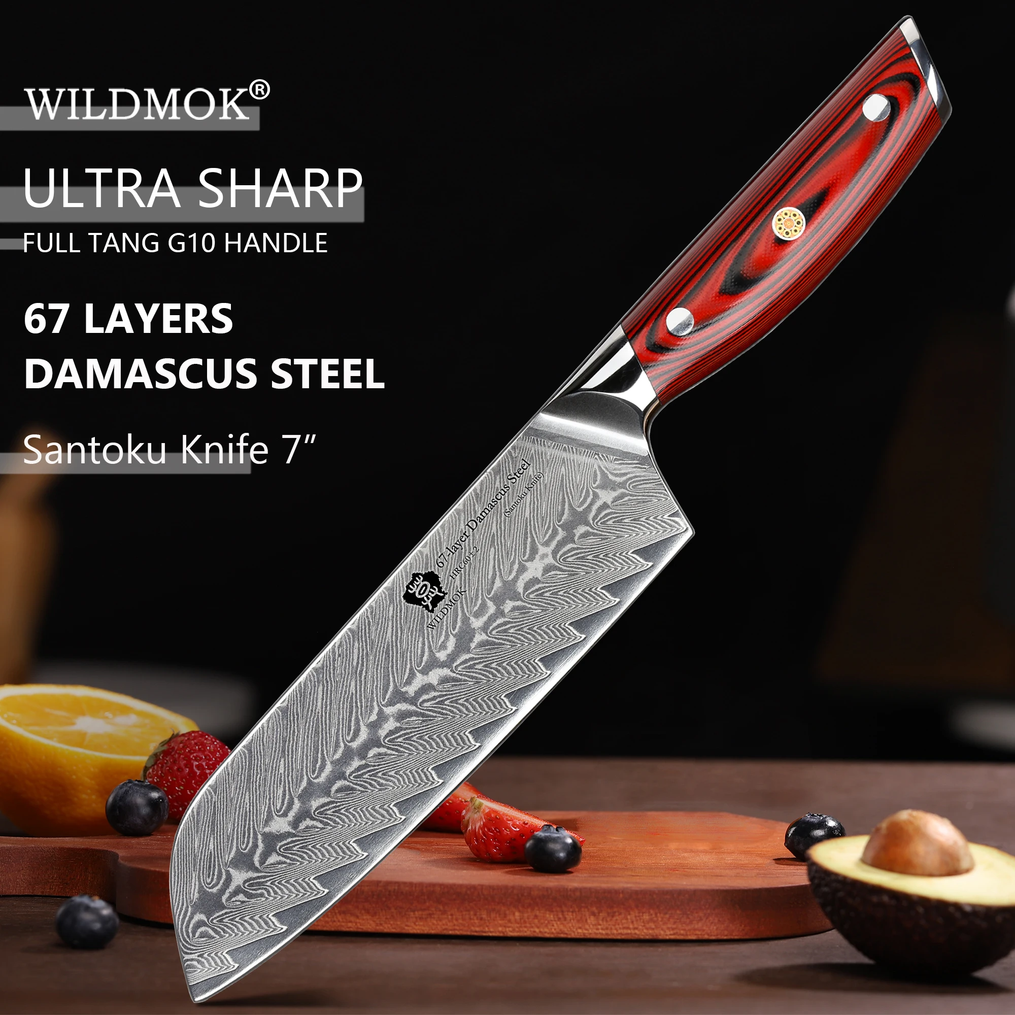 

WILDMOK 7" Damascus Santoku Knife, Sharp Professional Meat Knife, Japanese Super VG10 Steel with Full Tang G10 Handle