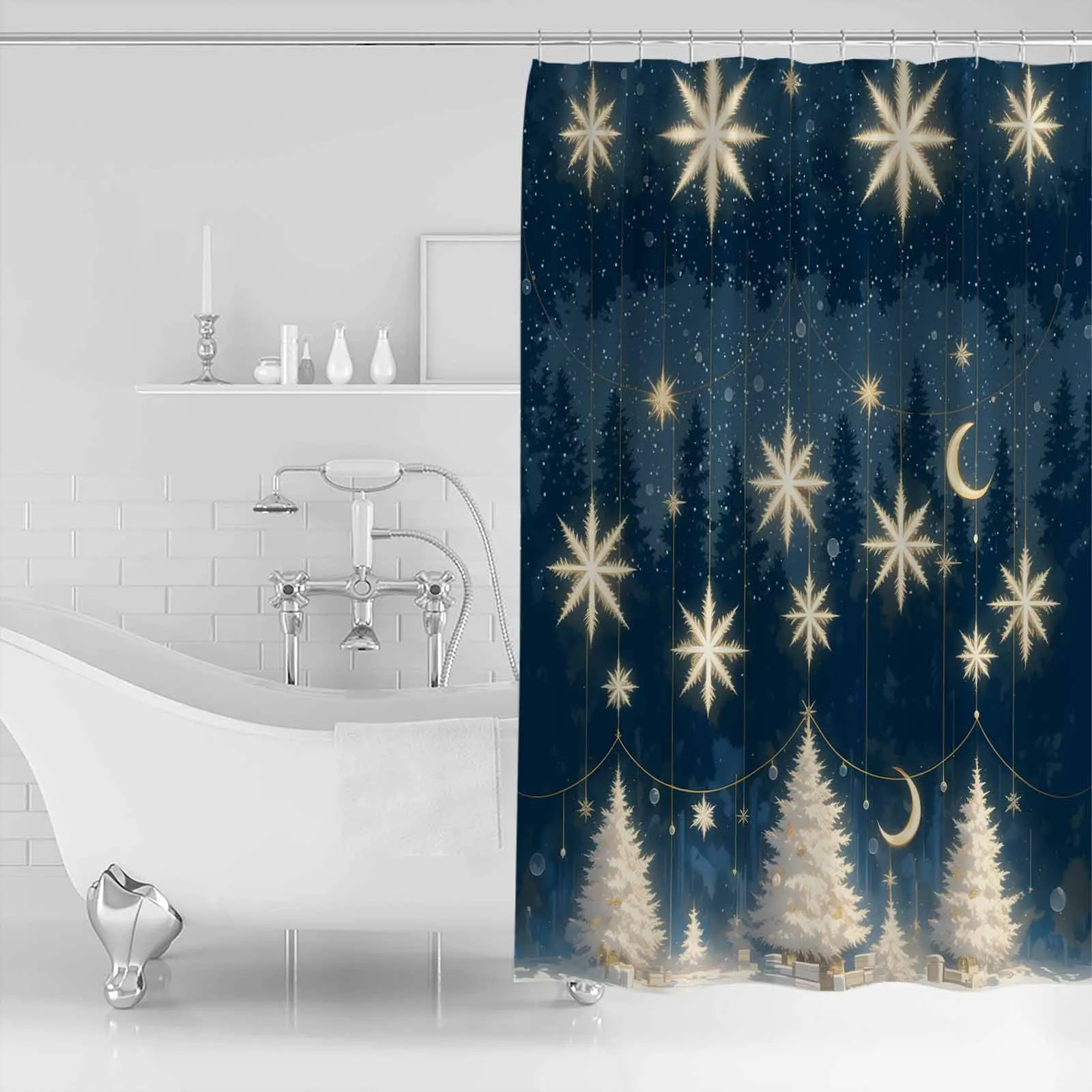 Christmas Tree Moon curtain shower curtain cover polyester fabric with hooks bathroom decoration can be customized with patterns