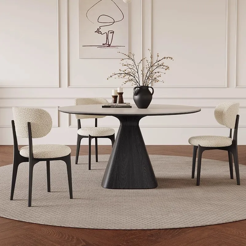 Solid wood rock slab dining table round with turntable household small apartment ash wood new Italian minimalist flying saucer d