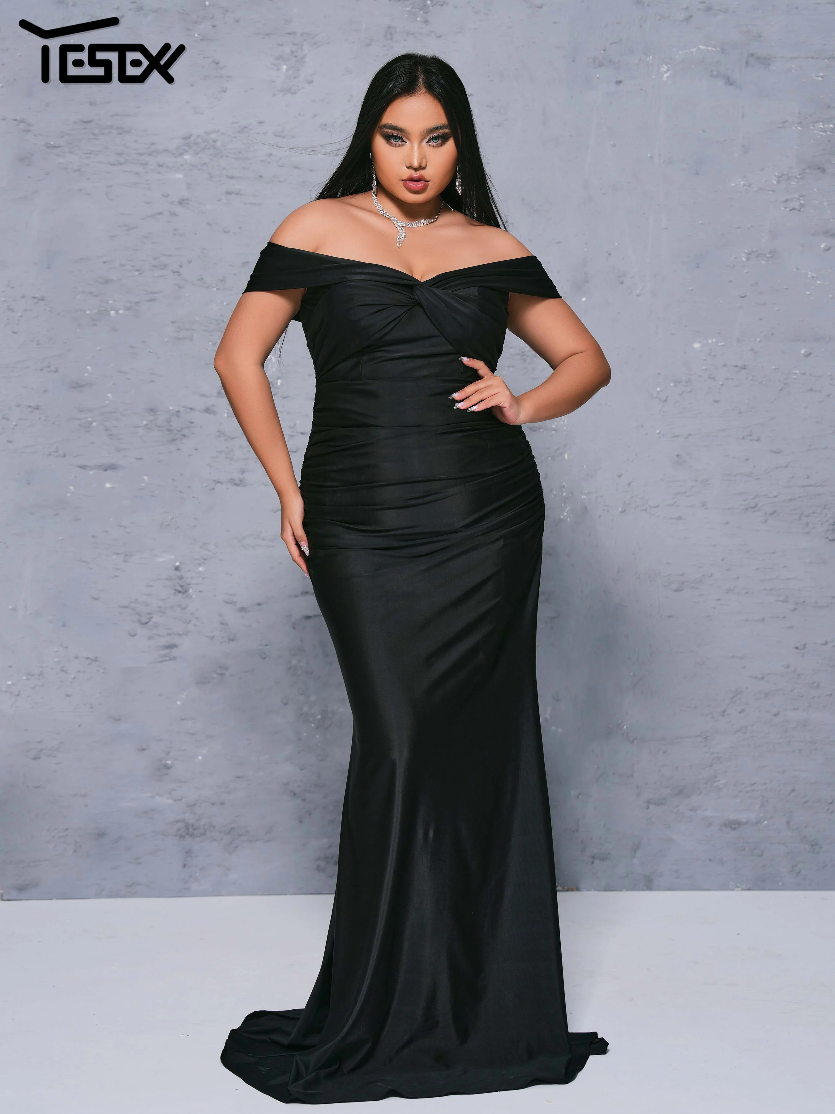 Yesexy Plus Size Black Ruched Off Shoulder Mermaid Evening Floor Length High Quality Luxury Dress