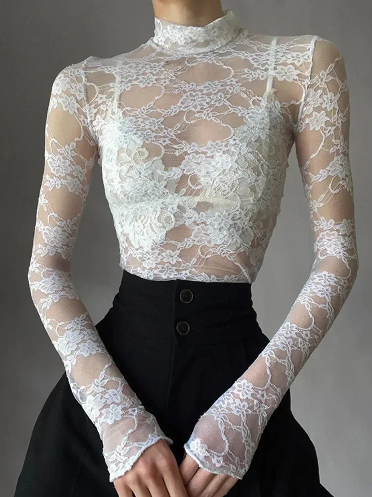 Sexy Lace Blouse Shirts Summer Women Turtleneck Long Sleeve See Through Lace Patchwork Thin Tops