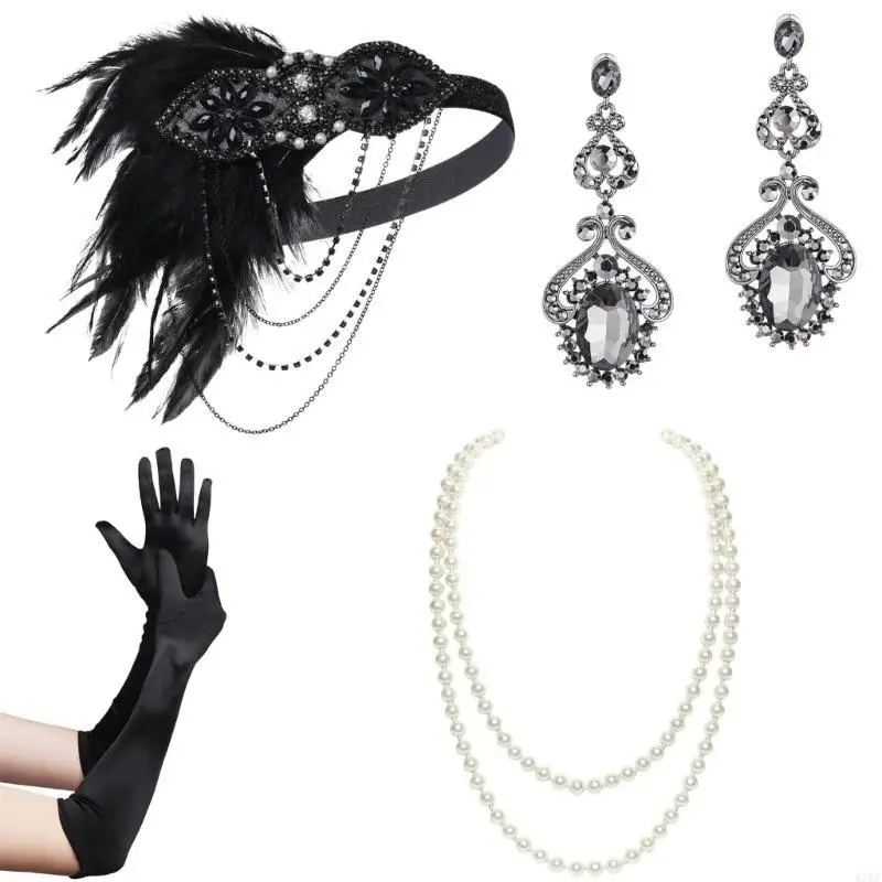 

K3KF Vintage Flapper Accessories Rhinestones Headpiece Earring Masquerade Party Wear
