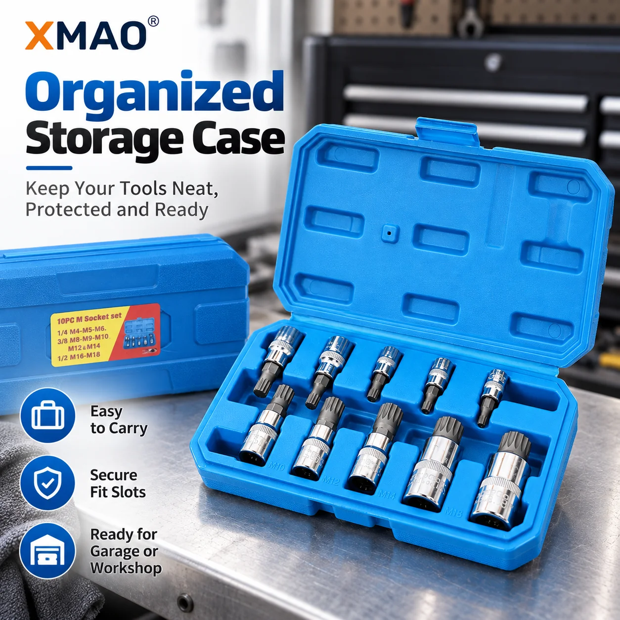 XMAO 10PCS Automotive 12-Point Spline Bit Socket Set M4-M18, 1/4 3/8 1/2in Drive Flywheel Removal Garage Repair Tool Kit