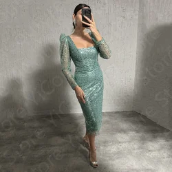 Latest Sparkling Short Prom Gowns Tea Length Evening Dress Sequined Long Sleeve Birthday Party Dress Square Neck Robe de Soiree