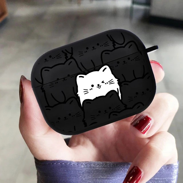 Leuke Kat Cartoon Airpod Cases Air Pro 3 voor Airpods Pro 2 3e Pods Gen Airpord Cover Leuke Cartoon Eenvoudige Lijnkunst Zwart Hoesje