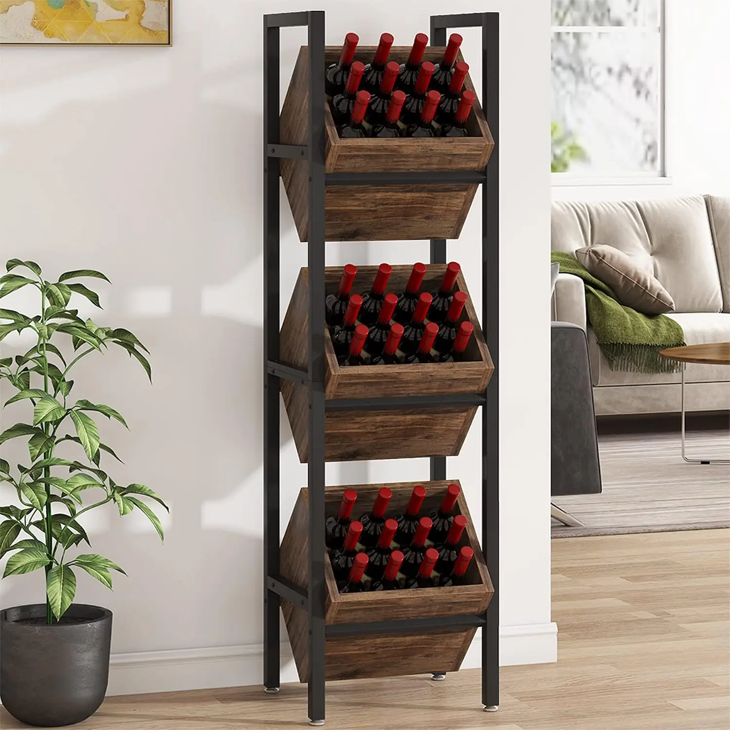 Wine Rack Freestanding Floor, 3 Tier Wooden Wine Storage Stand, Wobble-Free Wine Holder Display Shelf Liquor Bottle, Customized