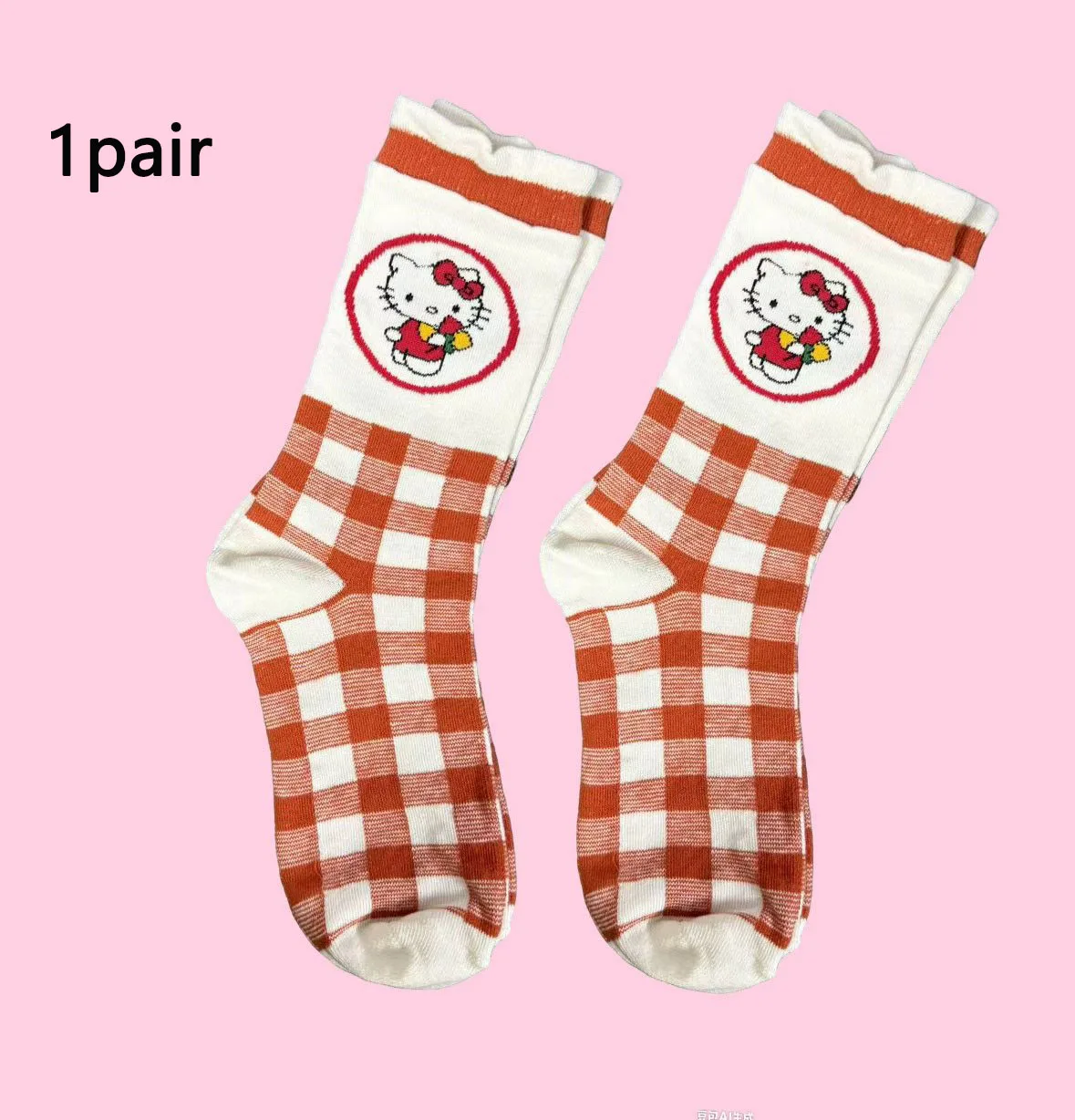مجموعة مكونة من 1/5 زوج من الجوارب ذات طابع هالو كيتي، طراز جميل وبناتي، منقوشة ريترو + نقطة بولكا + نمط لطيف، جوارب منتصف الساق، يجب أن يكون